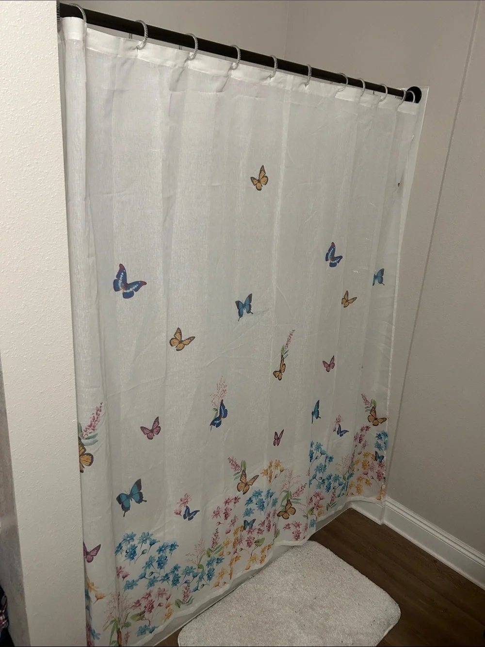 Mainstays White Shower Curtain with Multicolor Butterfly & Floral Meadow Accents